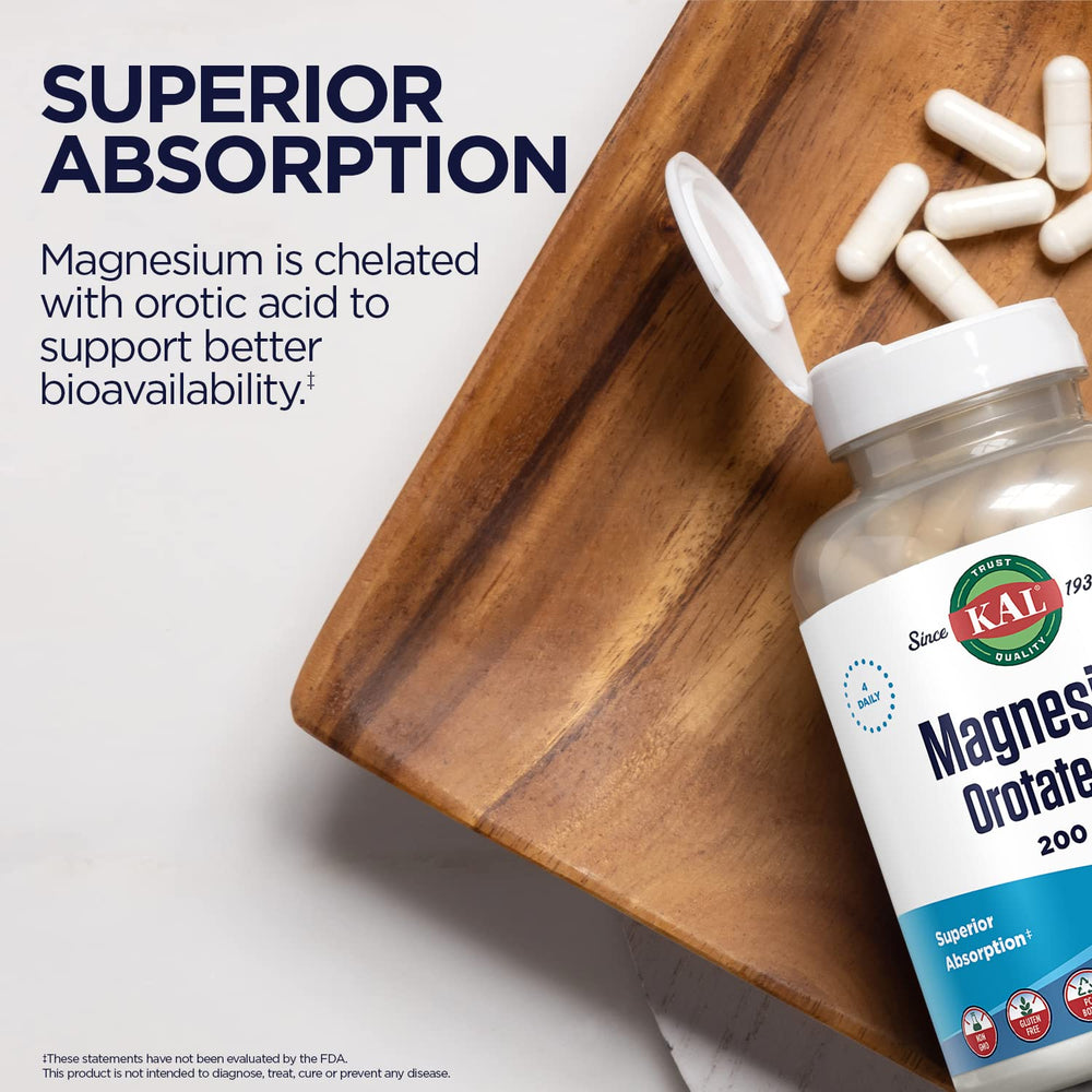 Nutrition facts label for KAL Magnesium Orotate 200 mg