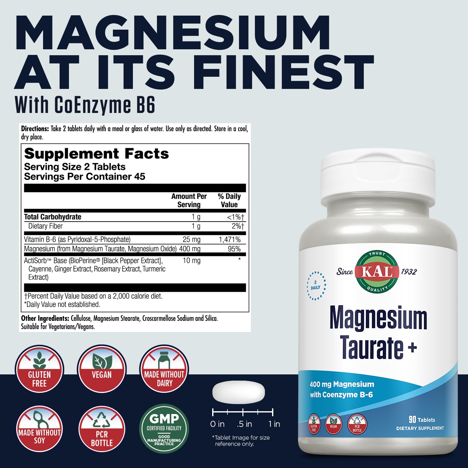 Back label showing ingredients for KAL Magnesium Taurate 400mg Plus CoEnzyme Vitamin B6