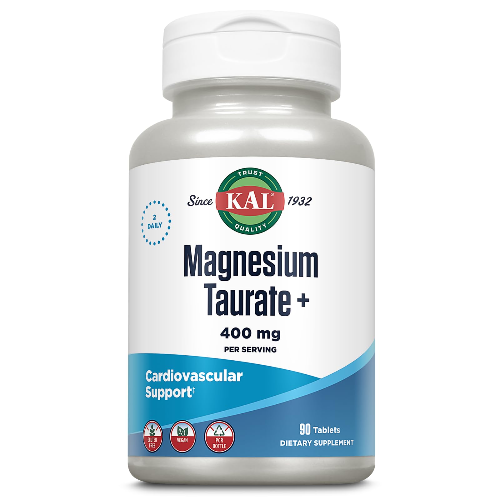 Front view of KAL Magnesium Taurate 400mg Plus CoEnzyme Vitamin B6 bottle