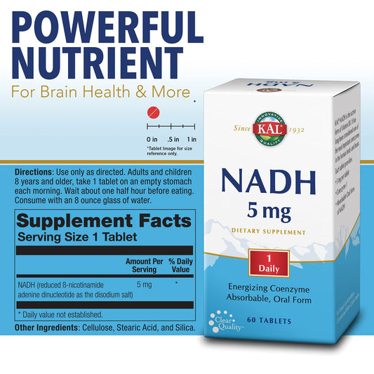 Close-up of NADH 5mg tablets in bottle