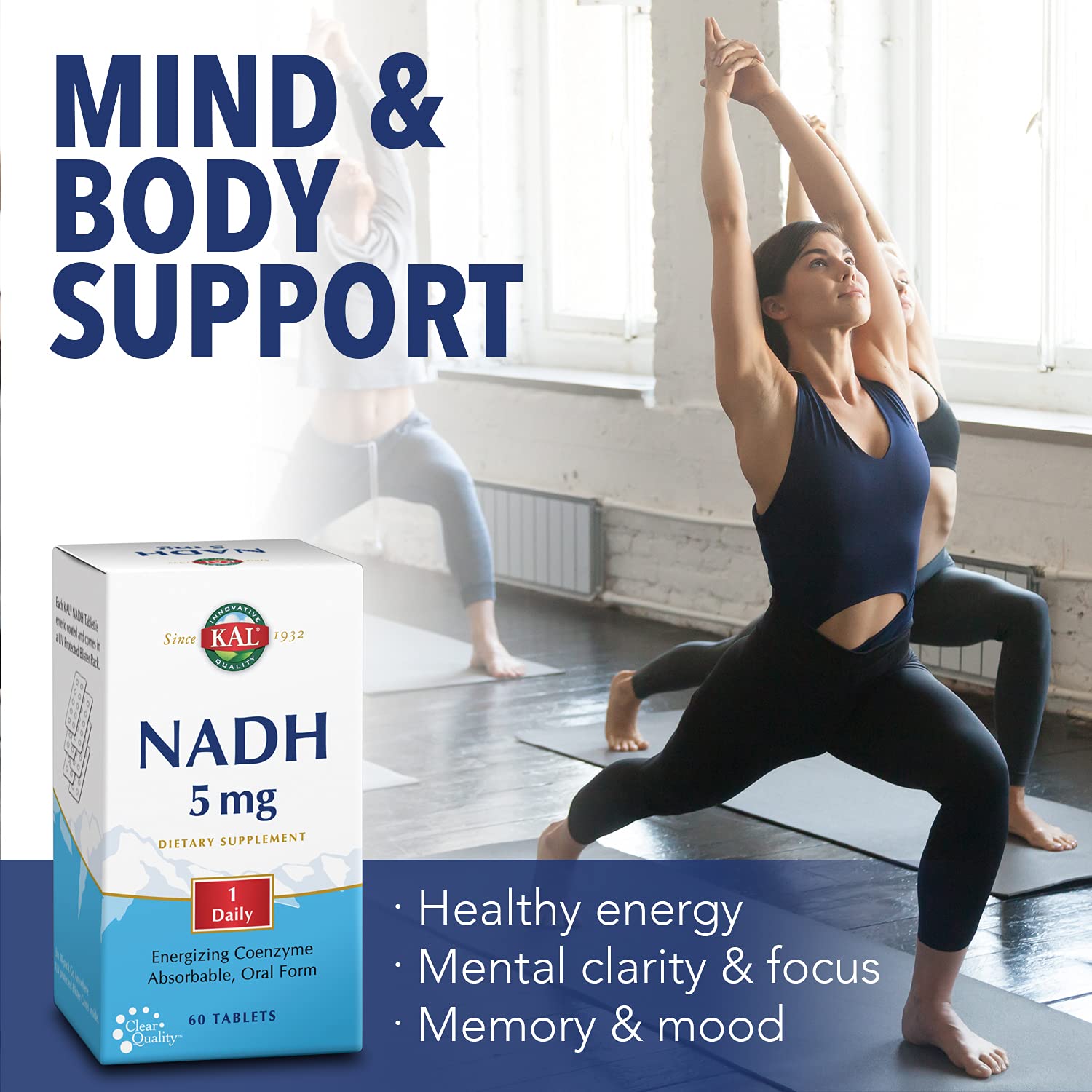 Product label highlighting cognitive support and energy benefits