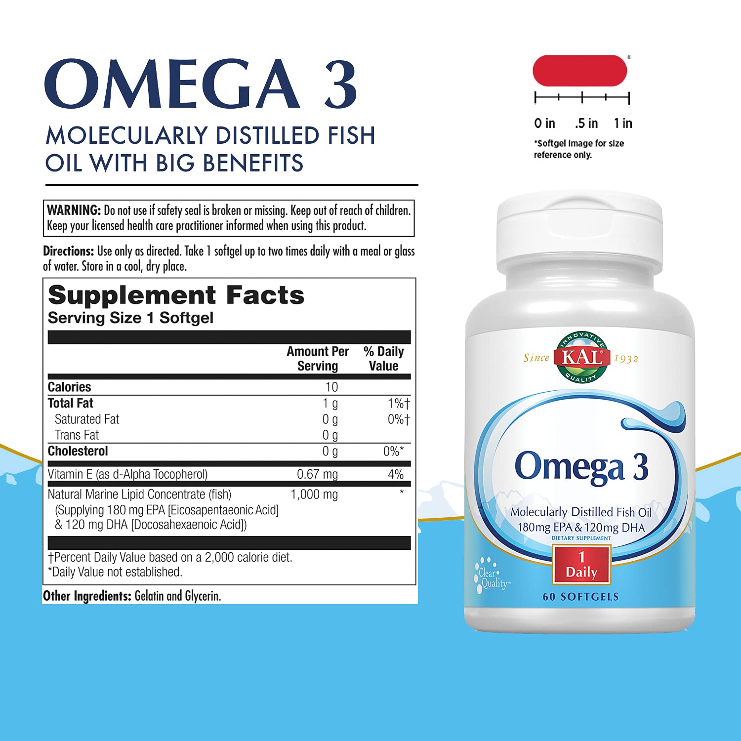 Back label of KAL Omega-3 bottle showing nutrition facts