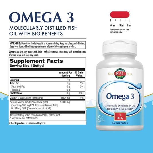 Back label of KAL Omega-3 bottle showing nutrition facts