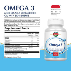 Back label of KAL Omega-3 bottle showing nutrition facts