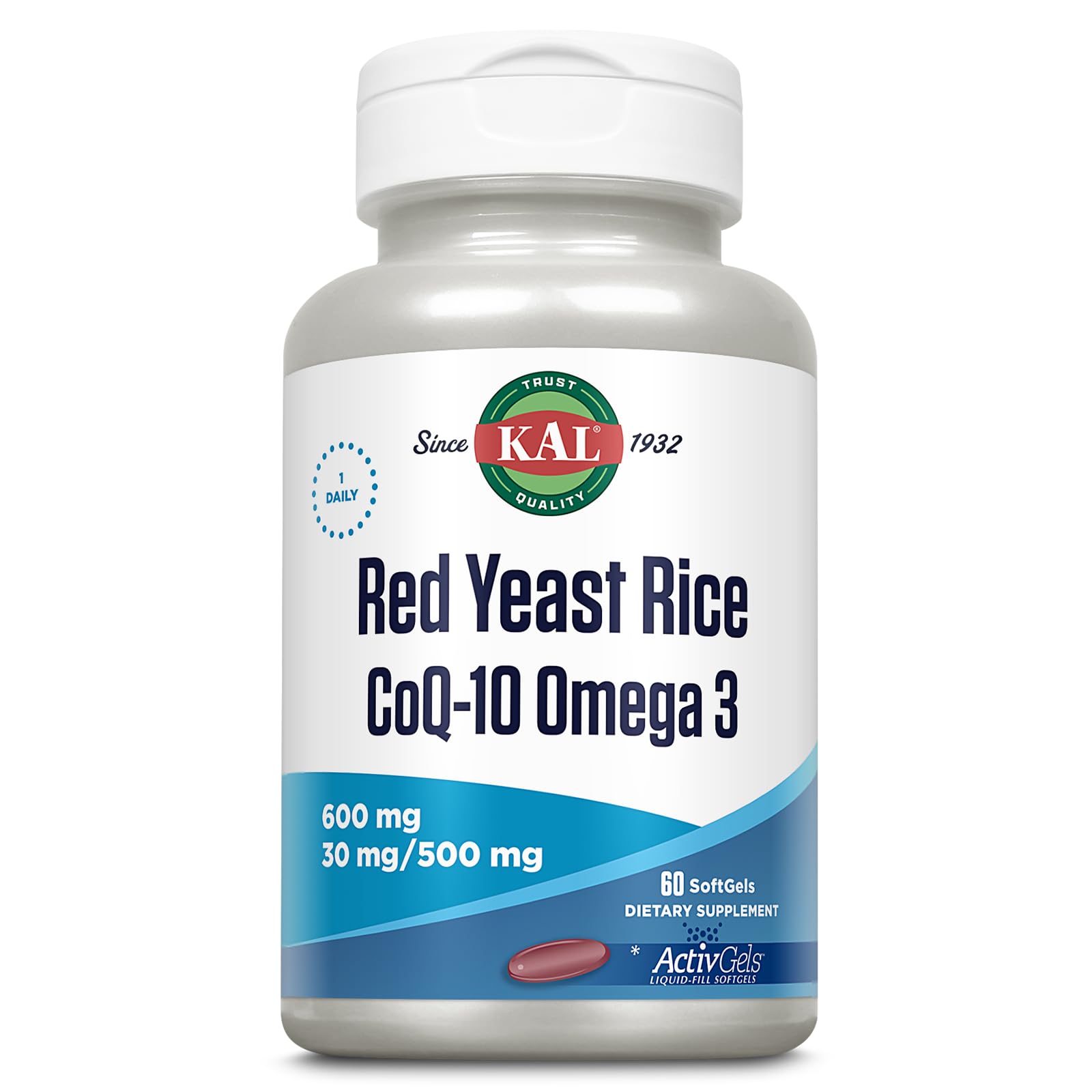 KAL Red Yeast Rice COQ10 Omega 3 soft gel bottle front view