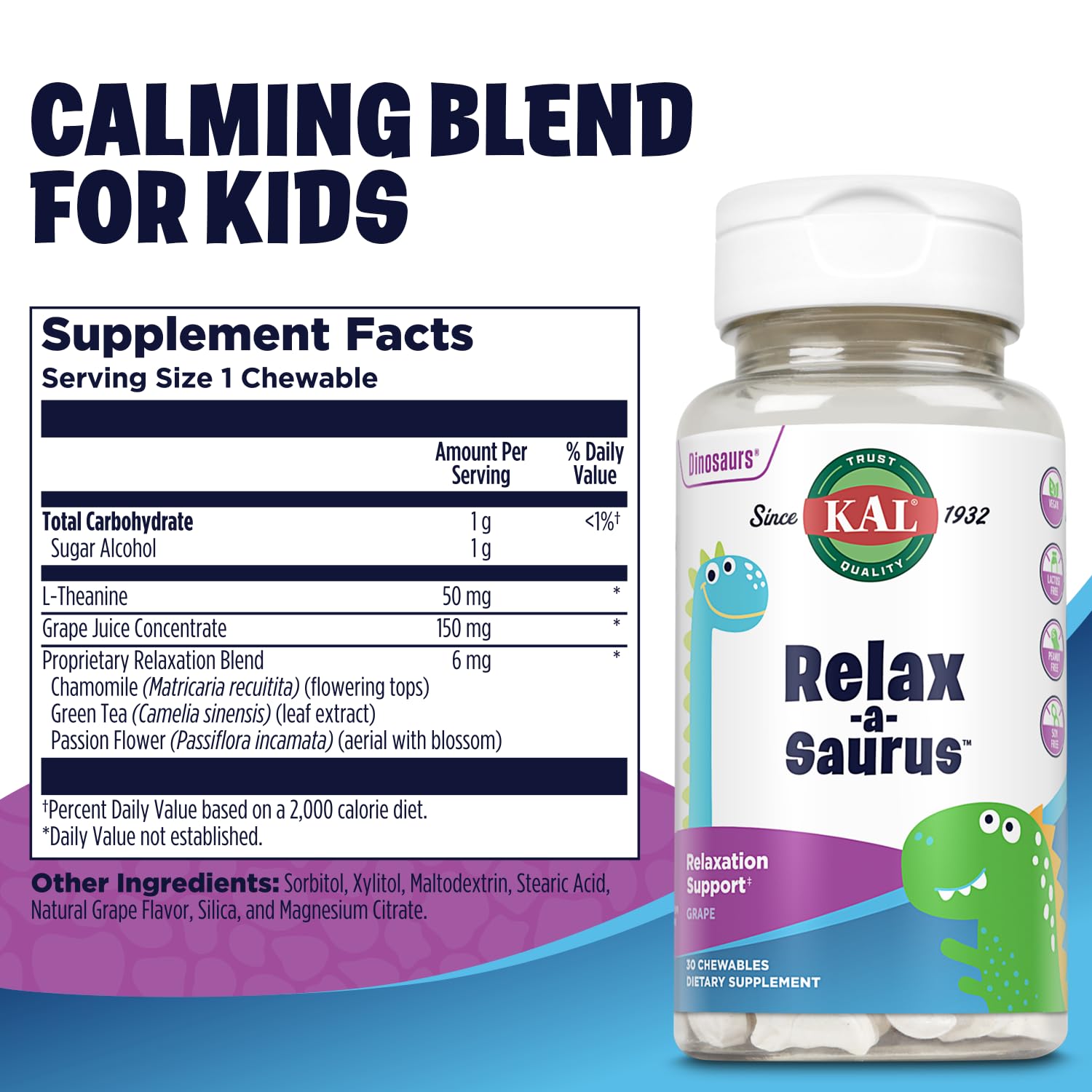 Close-up of L-Theanine 50 mg and herbal blend Chamomile, Green Tea, Passionflower