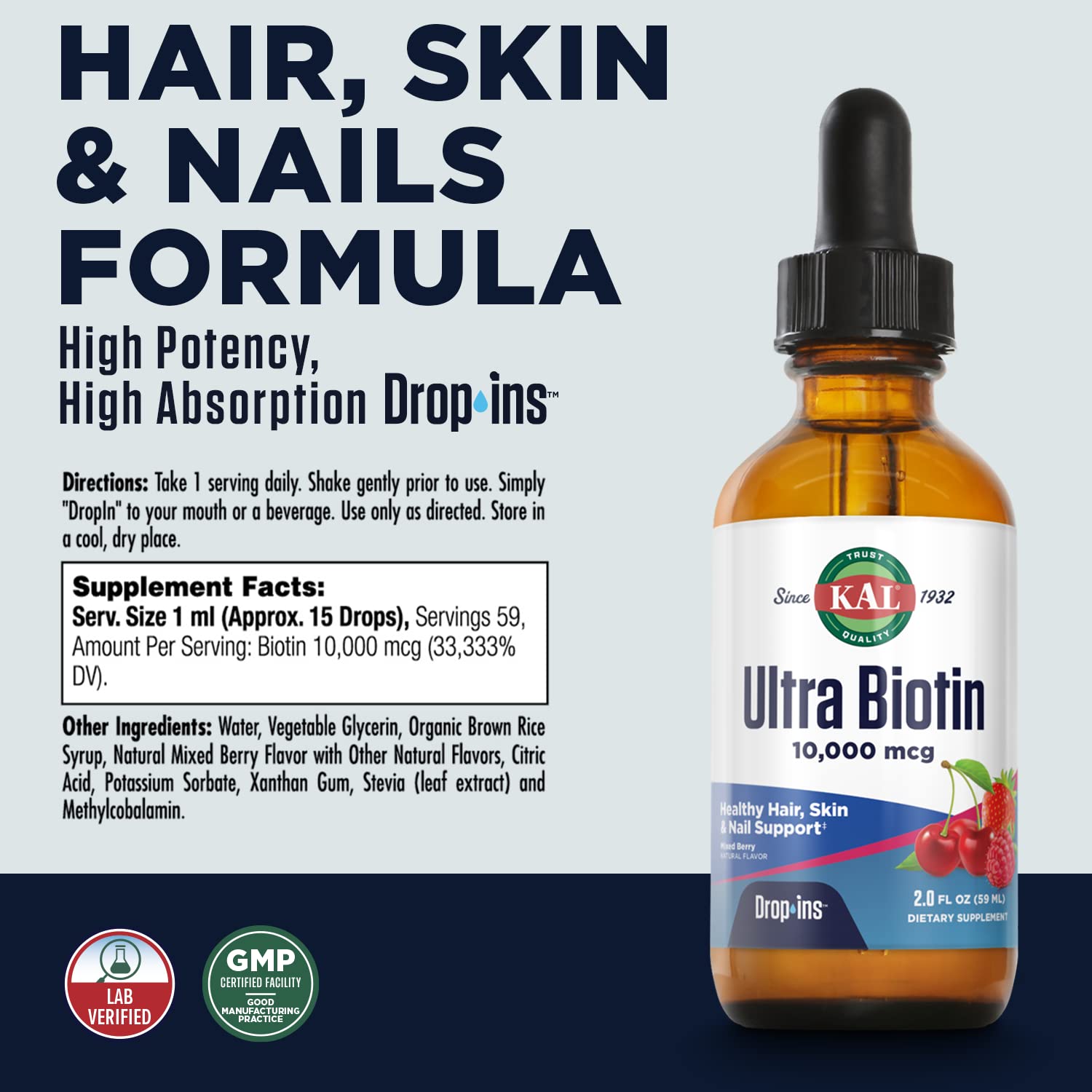 Front label of KAL Ultra Biotin DropIns bottle