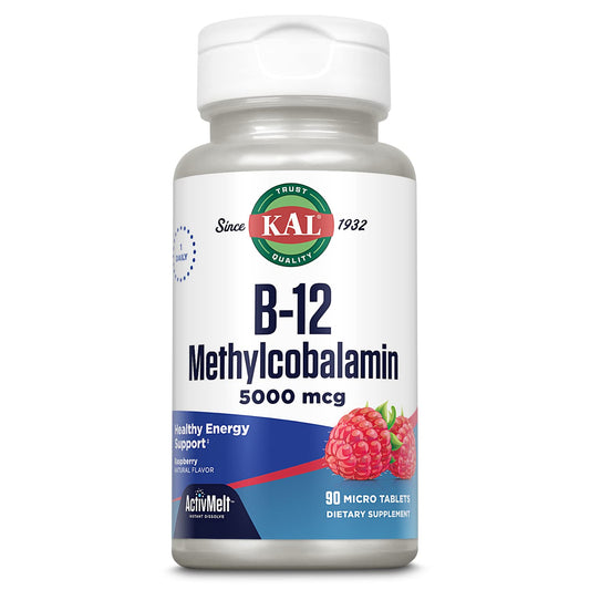 KAL Vitamin B12 Methylcobalamin ActivMelt bottle label showing 5000mcg