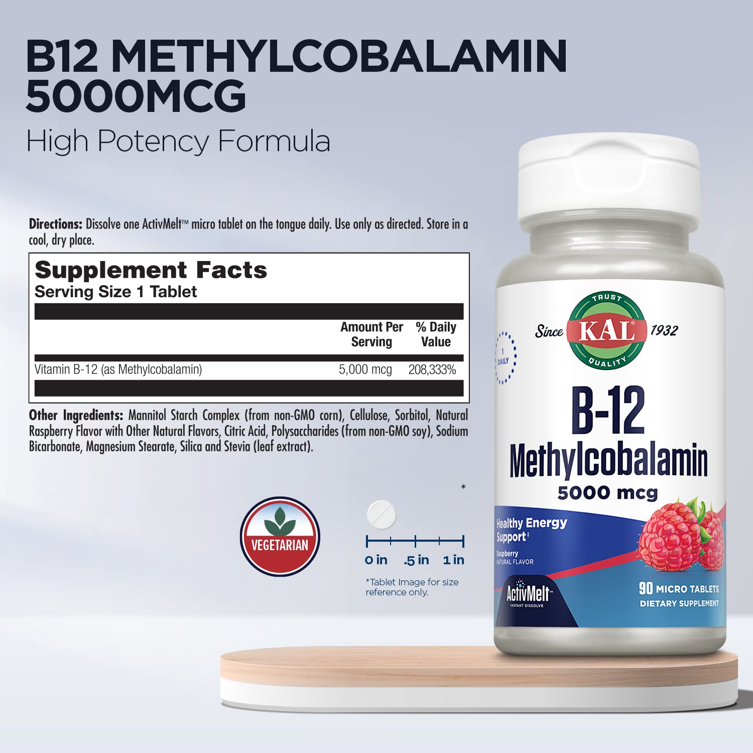 Front view of KAL B12 ActivMelt bottle and raspberry-flavored packaging