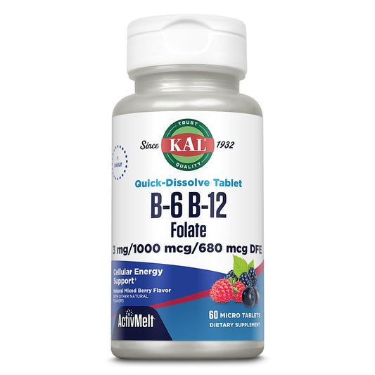 KAL Vitamin B-6, B-12 & Folic Acid supplement bottle with berry flavor