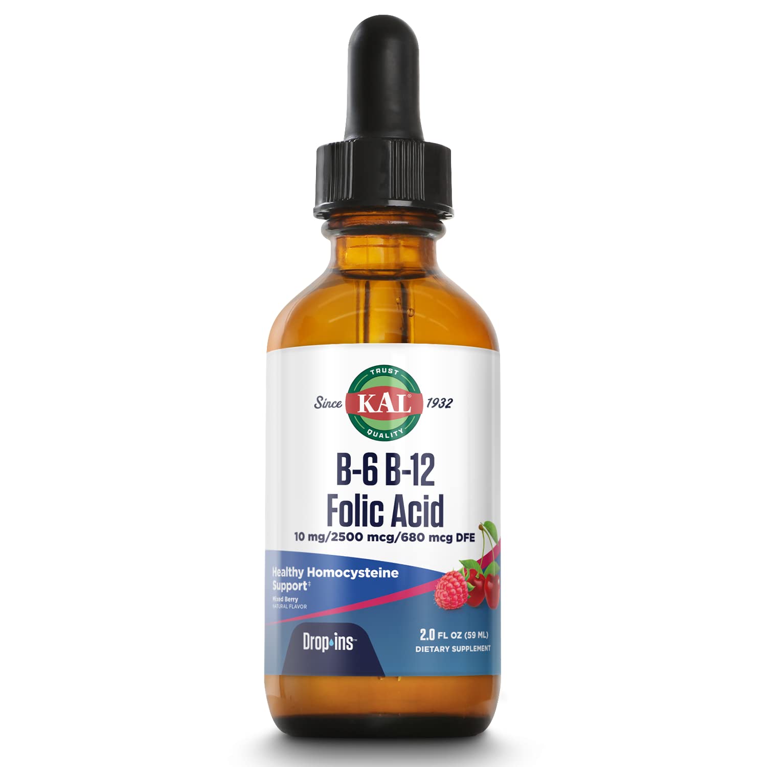 KAL Vitamin B-6 B-12 Folic Acid DropIns berry flavor bottle front view