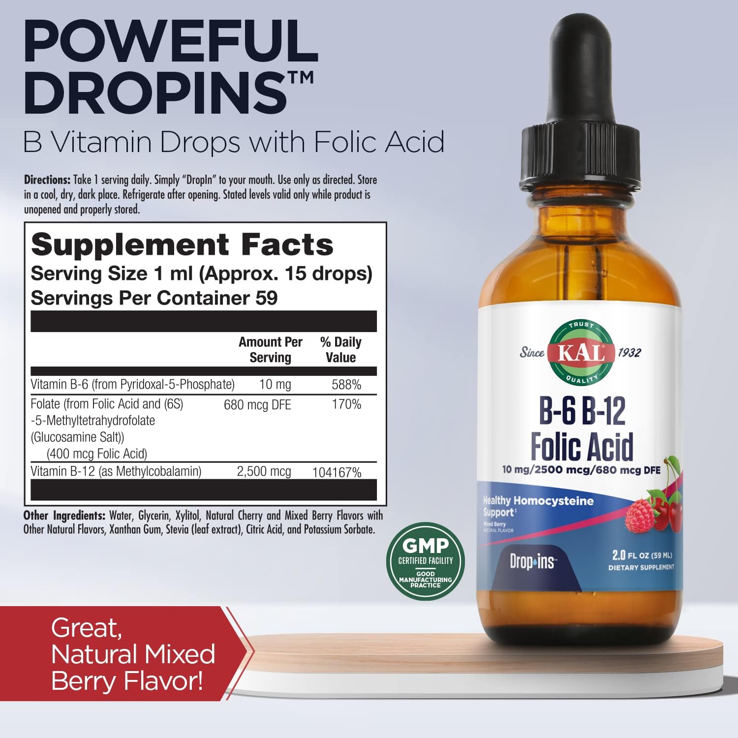 KAL Vitamin B-6 B-12 Folic Acid DropIns berry flavor bottle label
