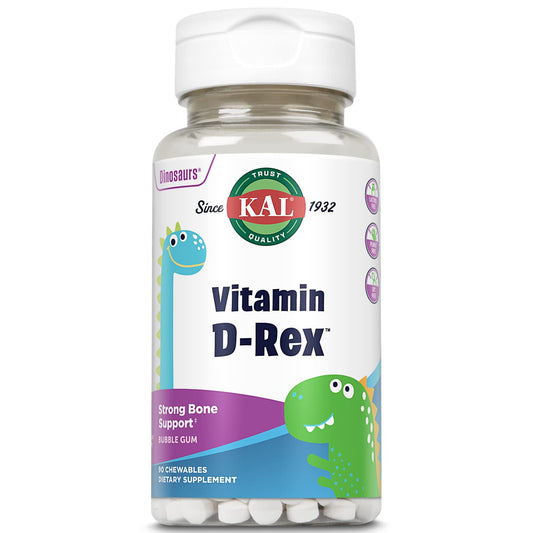 KAL Vitamin D-Rex kids chewables bottle with bubblegum flavor label