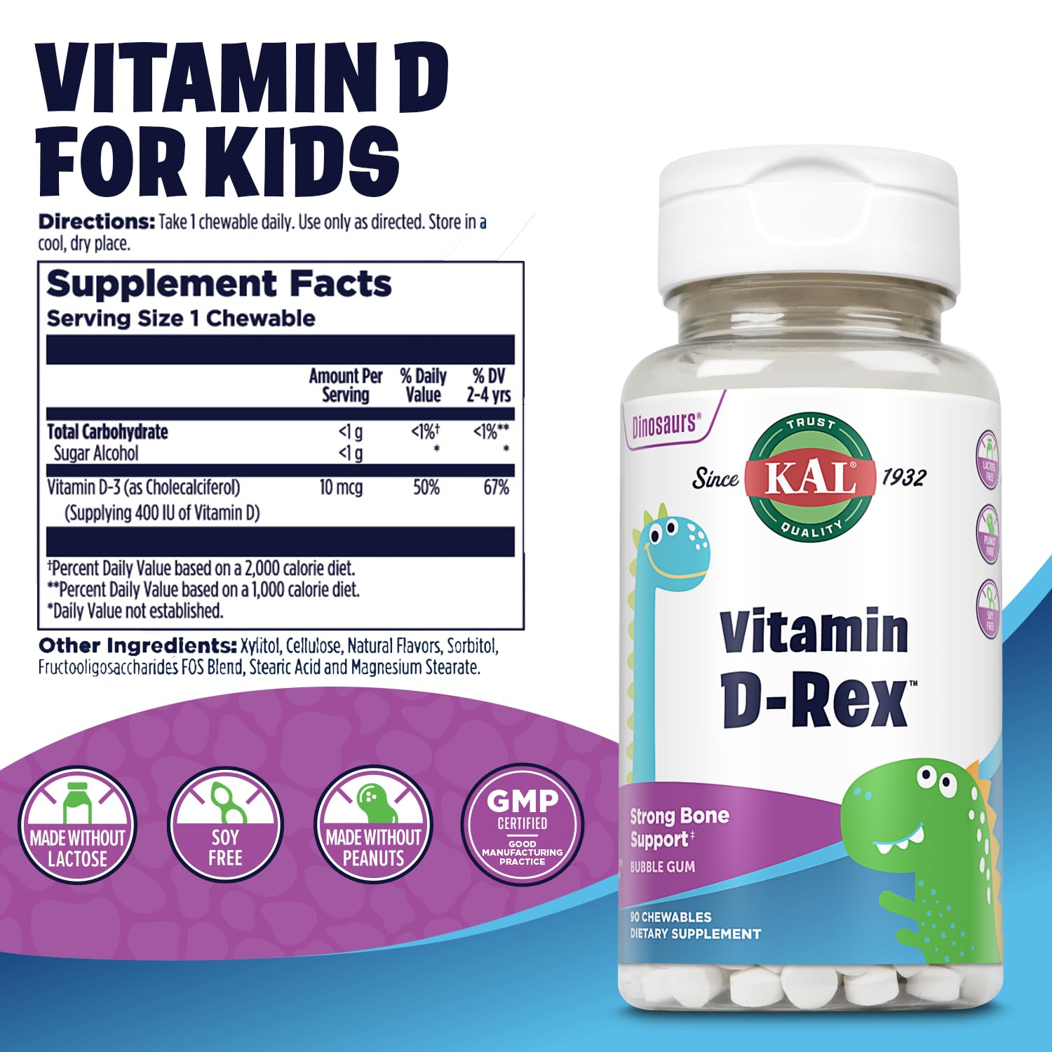 Bubblegum-flavored dinosaur-shaped Vitamin D3 chewables on white background