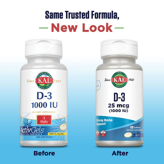 Back label with supplement facts for Kal Vitamin D3 softgels