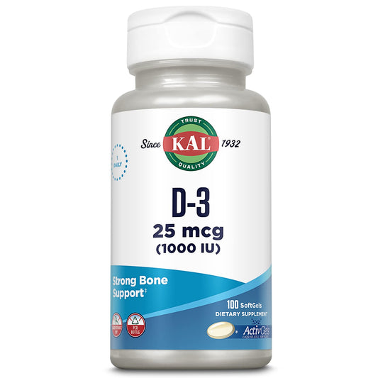 Front view of Kal Vitamin D3 1000 IU Softgels ActivGel bottle