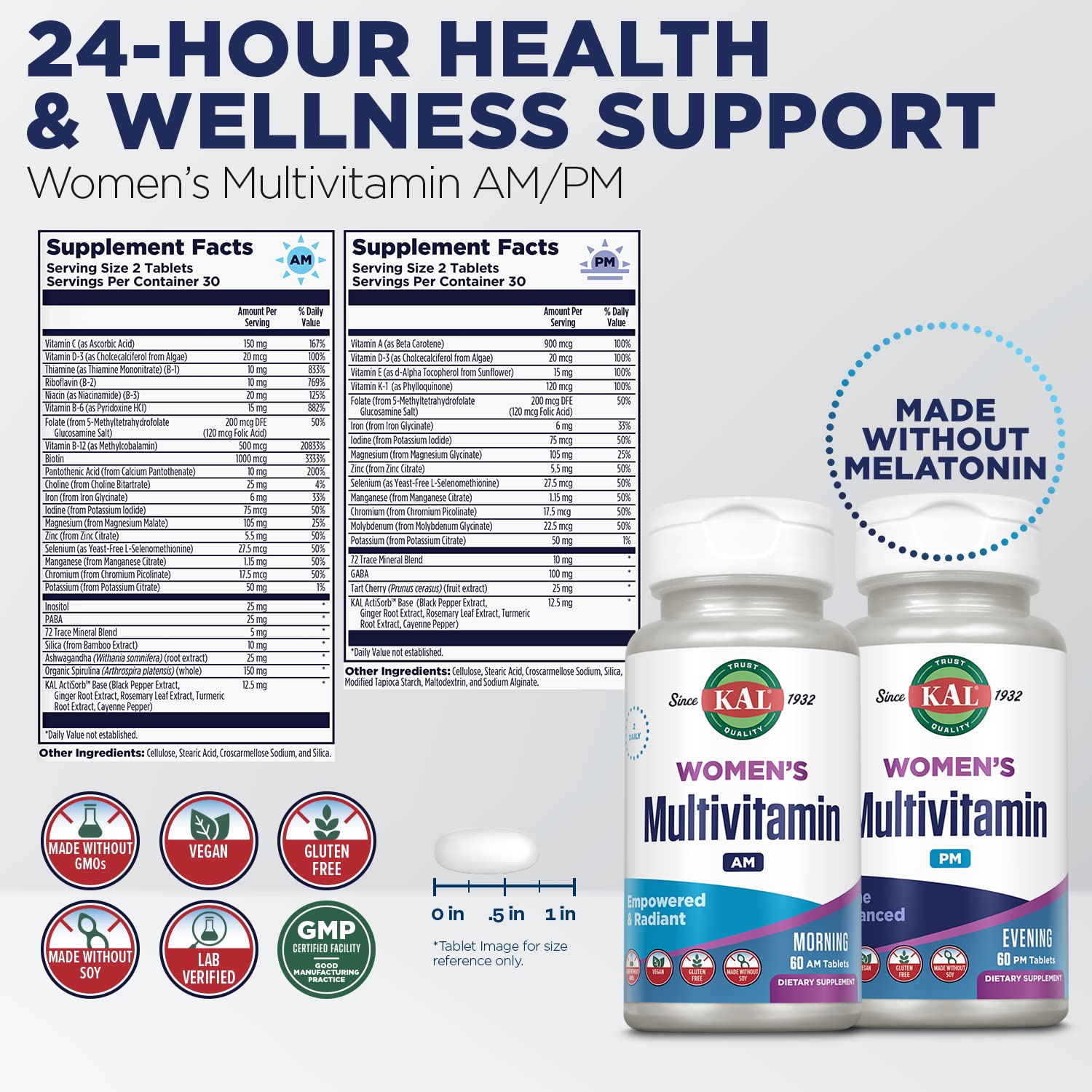 2-in-1 formula packaging emphasis for KAL women's multivitamin AM/PM