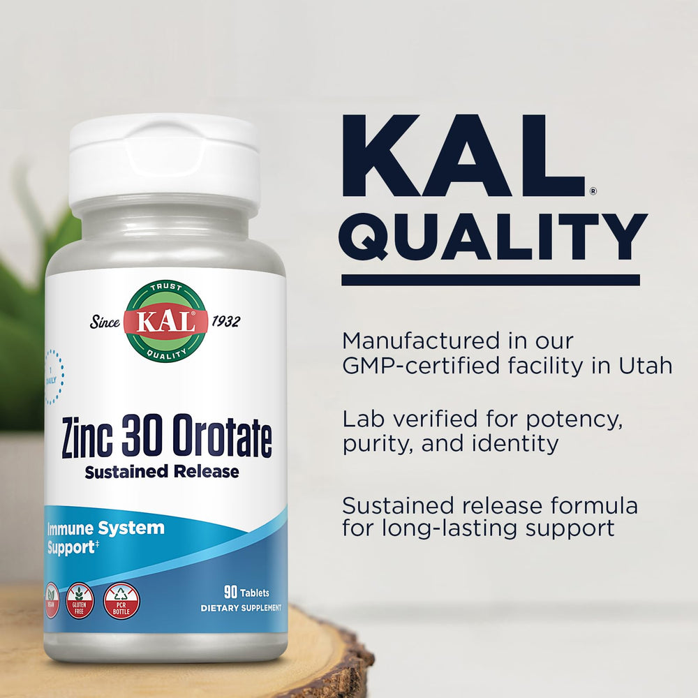 Vegan and gluten-free label on KAL Zinc Orotate bottle