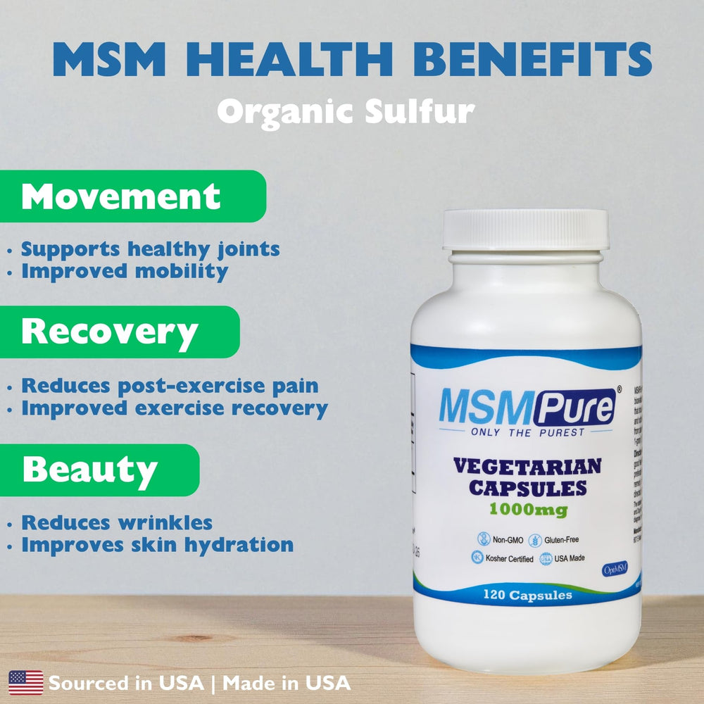 Close-up of MSMPure bottle label highlighting OptiMSM purity