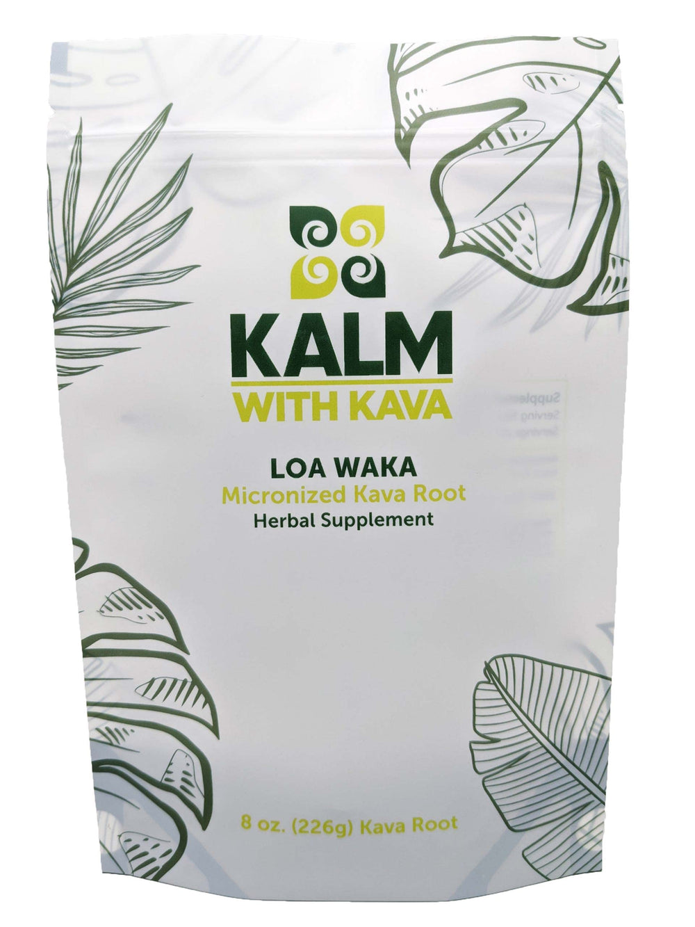 Front view of KALM with Kava Loa Waka Micronized Kava 8 oz.