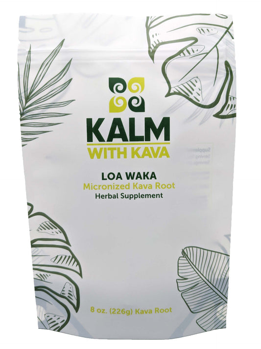 Front view of KALM with Kava Loa Waka Micronized Kava 8 oz.