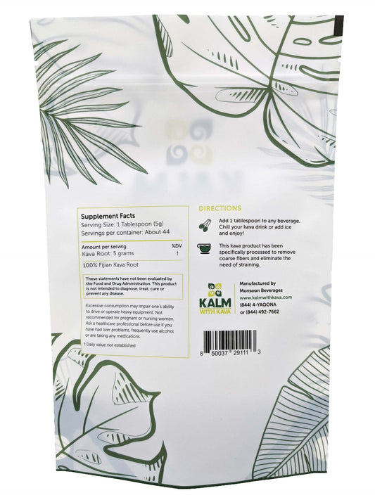 Packaging label for KALM with Kava Loa Waka Micronized Kava 8 oz.