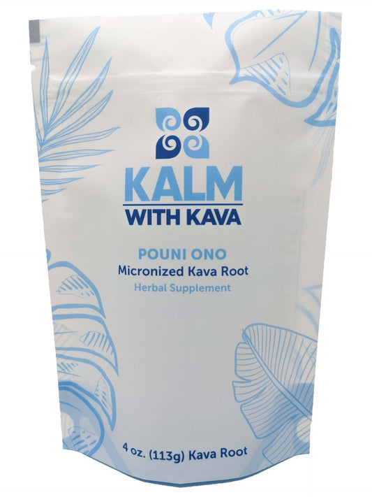 Kalm with Kava Pouni Ono Micronized Kava 4 oz packaging