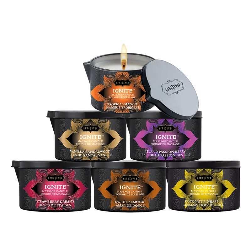 Packaging and label of Kama Sutra Massage Candle Tahitian Sandalwood