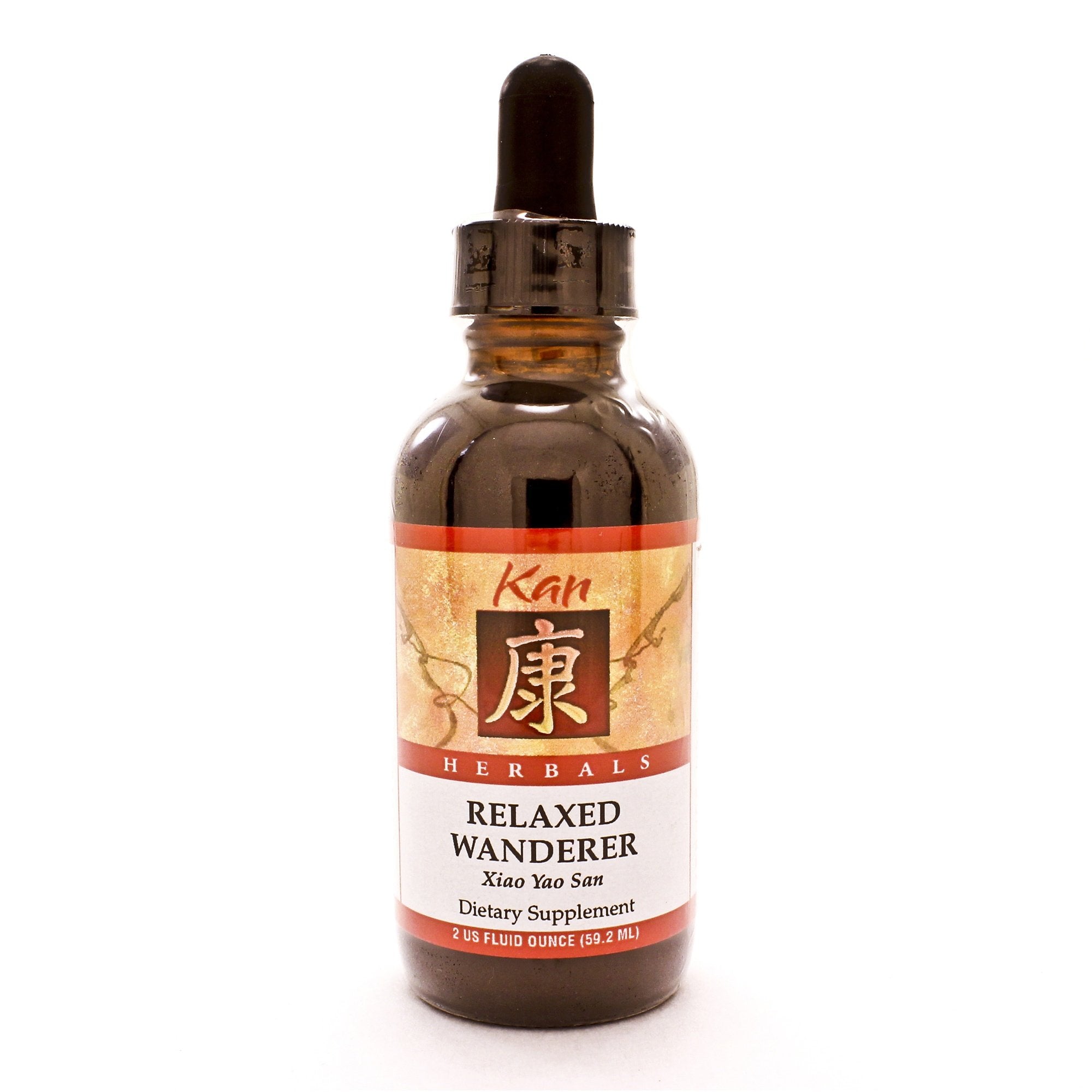 Kan Herbs Relaxed Wanderer bottle and label on a neutral background