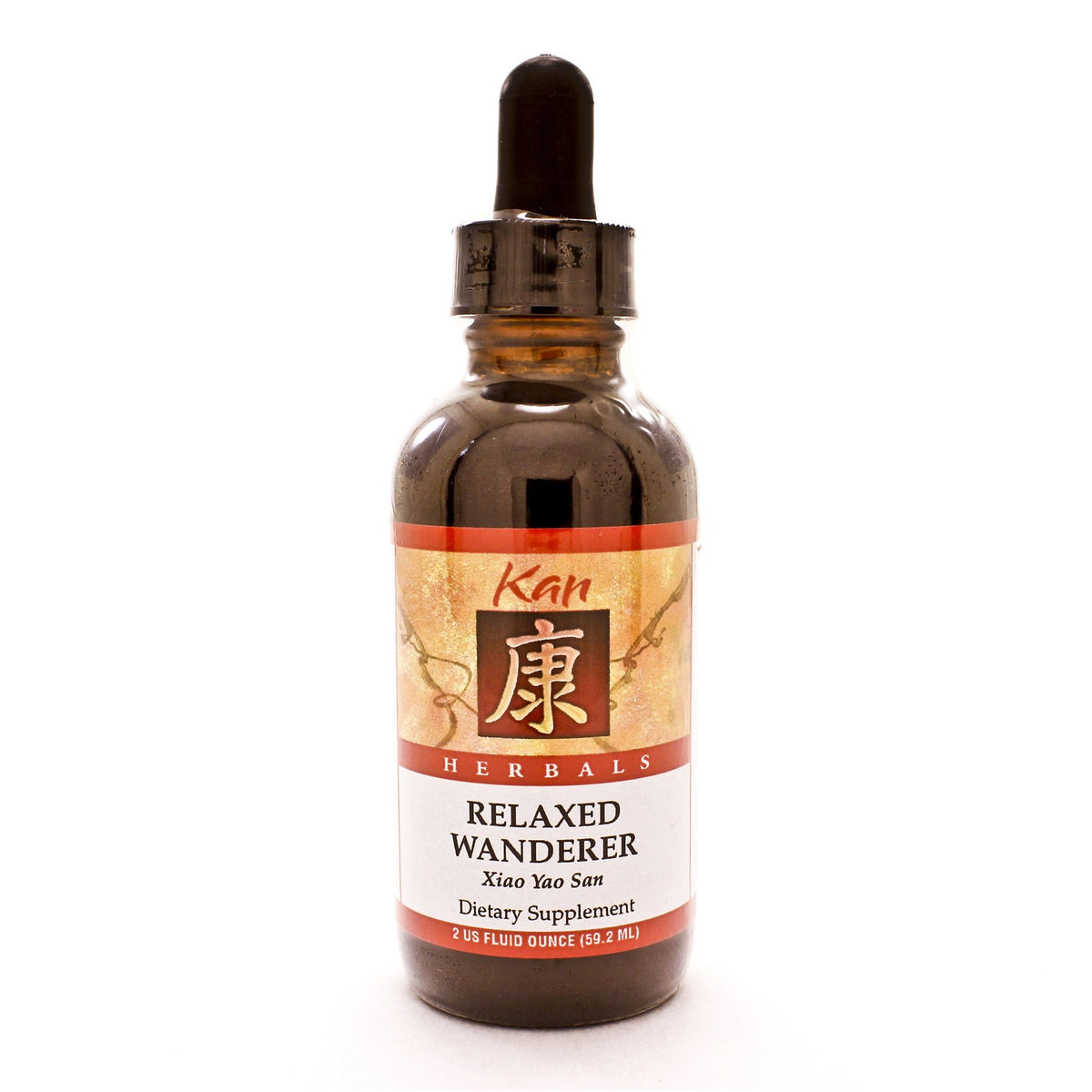 Kan Herbs Relaxed Wanderer bottle and label on a neutral background