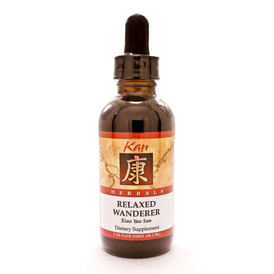 Kan Herbs Relaxed Wanderer bottle and label on a neutral background