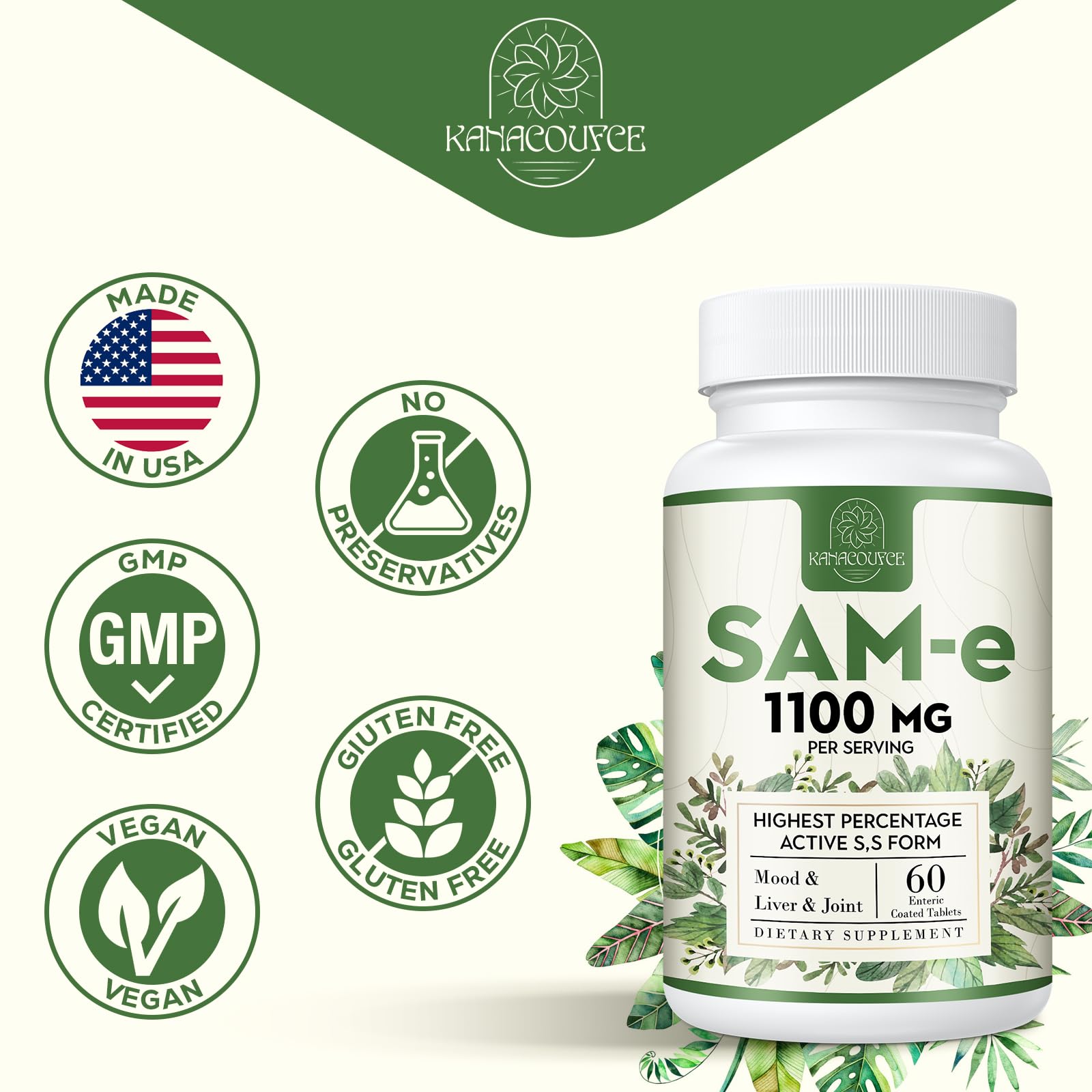 Product packaging and tablets overview of Kanacoufce SAM-e 1100mg