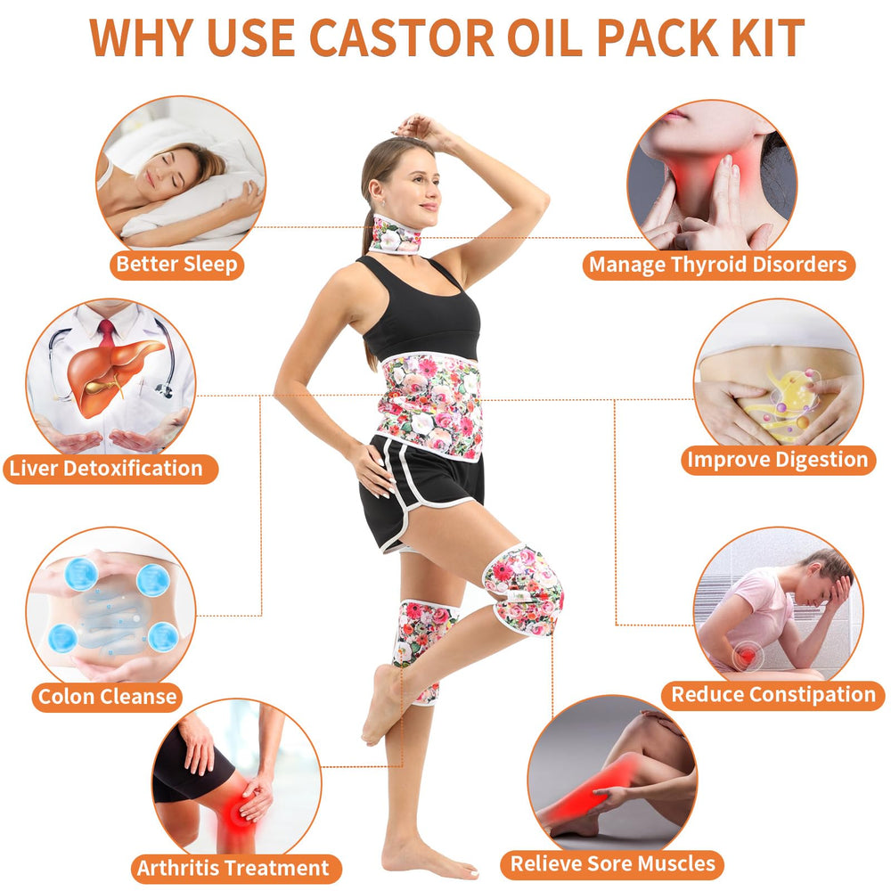 Close-up of knee castor oil wrap with adjustable strap
