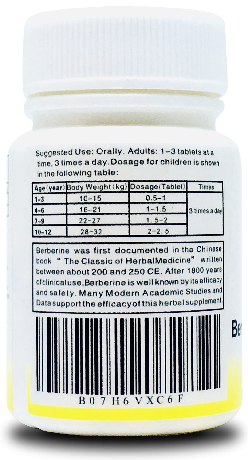 Close-up of berberine hydrochloride per tablet on label