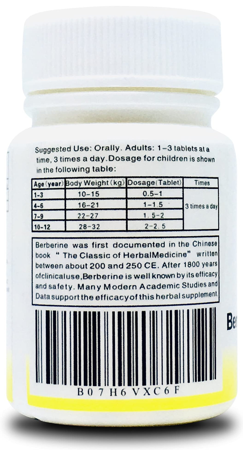Close-up of berberine hydrochloride per tablet on label