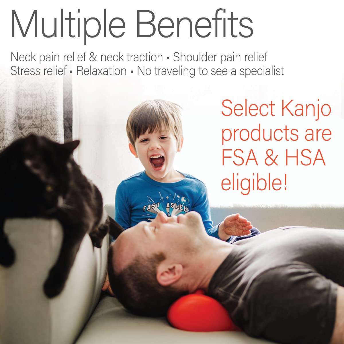 Lifestyle image of person relaxing with Kanjo cushion on shoulders