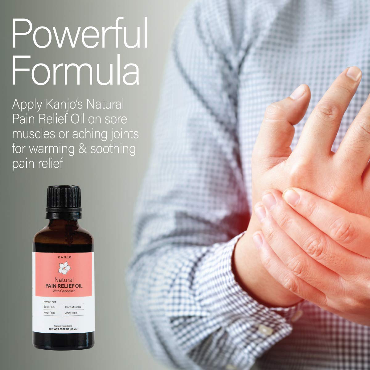 Kanjo pain relief oil being massaged into a muscle