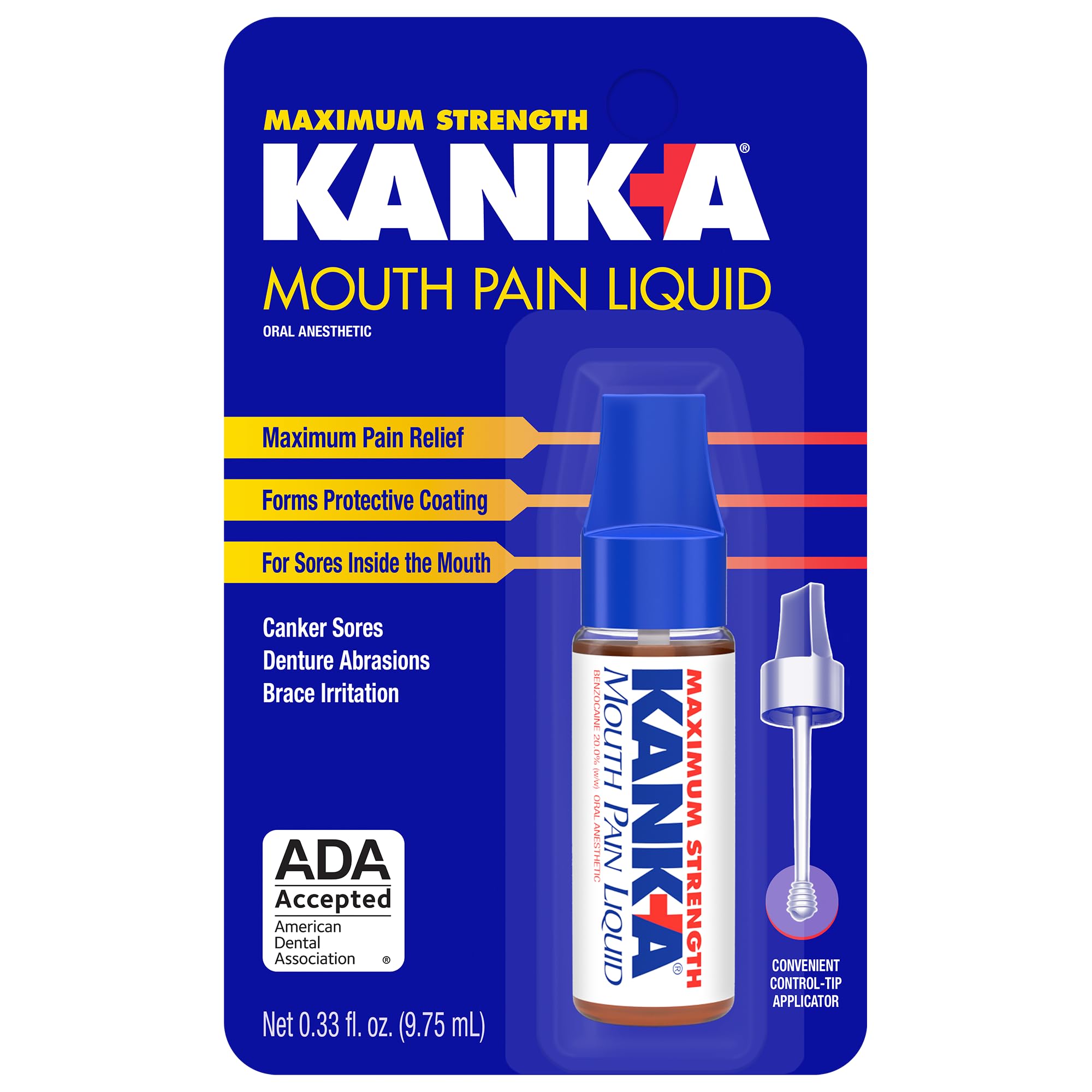 Kank-A Mouth Pain Liquid bottle showing 0.33 fl oz size