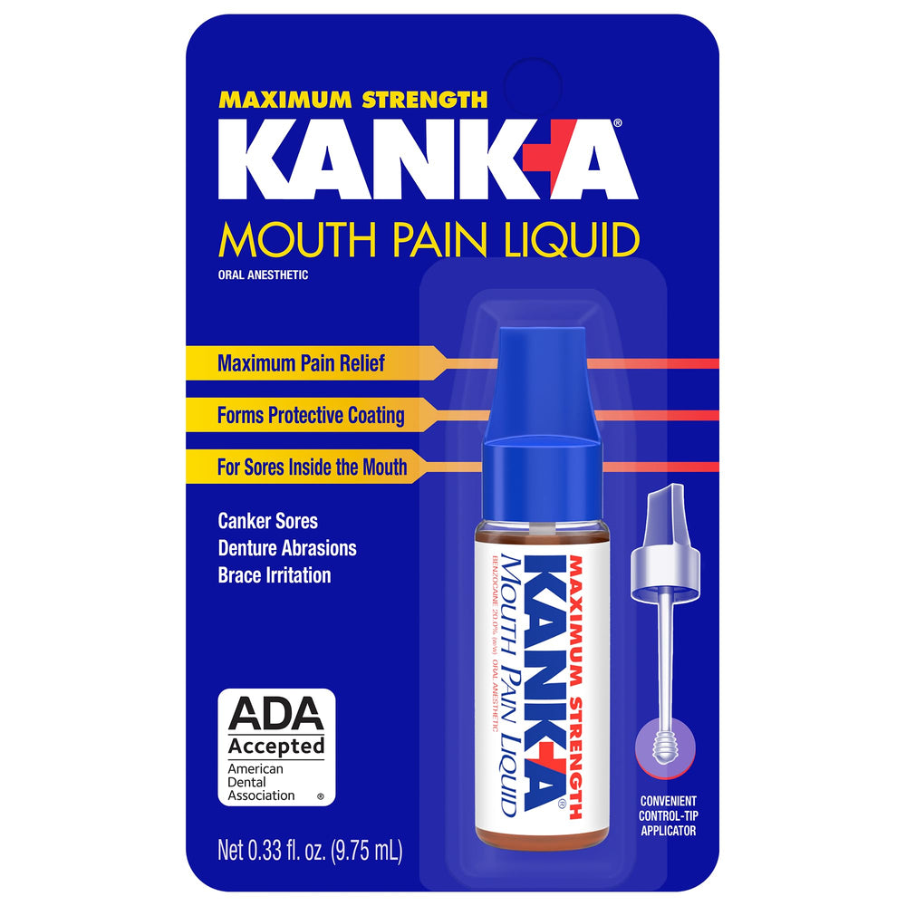 Kank-A Mouth Pain Liquid bottle showing 0.33 fl oz size