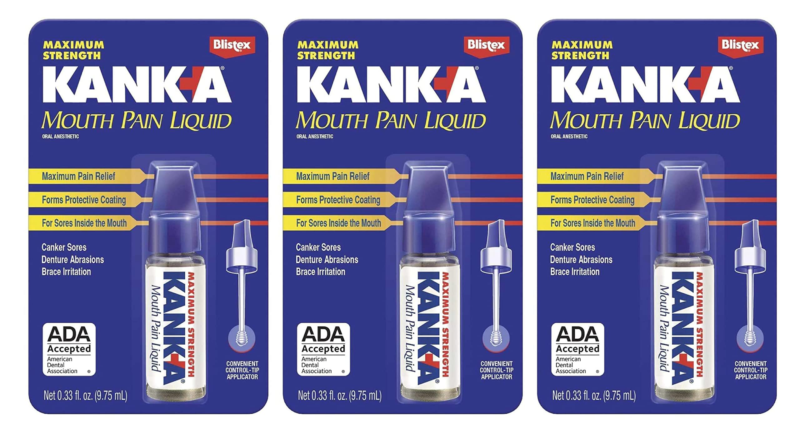 Kank-A Mouth Pain Liquid 0.33 oz bottle with packaging – 3-pack