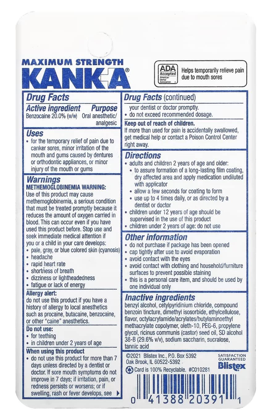 Kank-A product label showing benzocaine and ADA acceptance