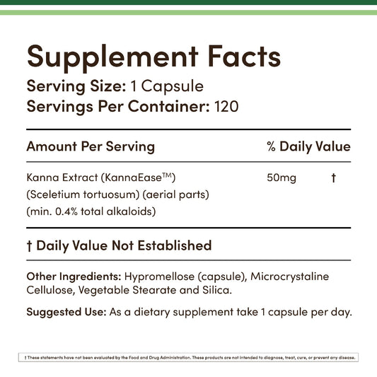 Back label of Kanna Extract Supplement Pack of 2 bottles