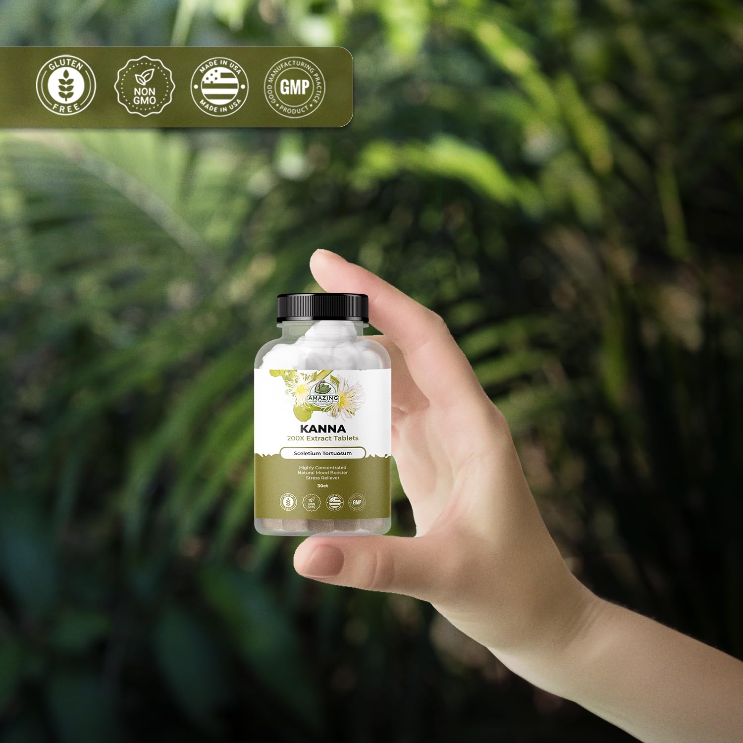 Display of a 30-tablet bottle with product branding
