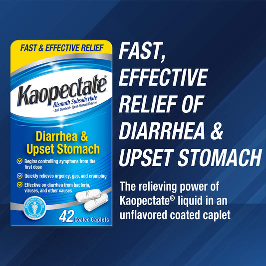 Kaopectate caplets close-up label highlighting on-the-go relief.
