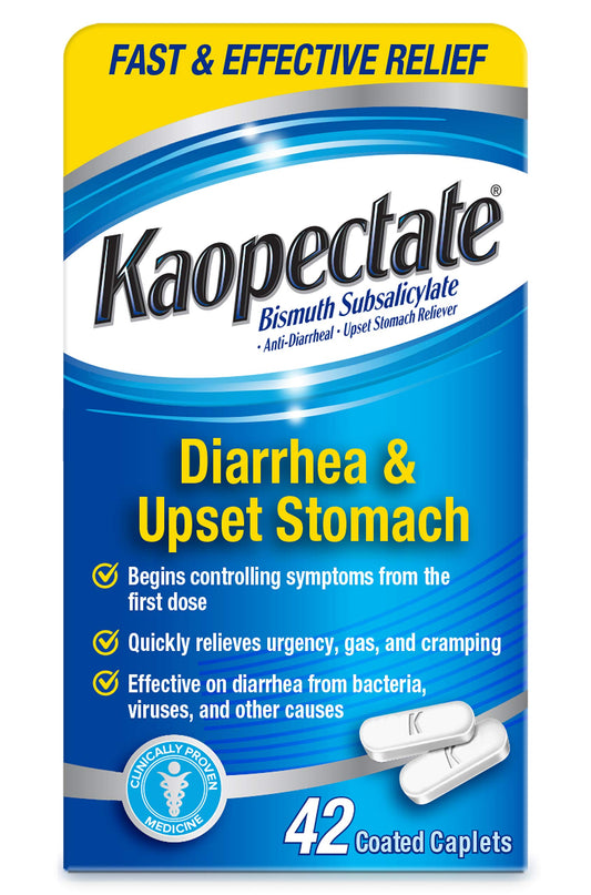 Kaopectate multi-symptom caplets packaging for portable relief on the go.