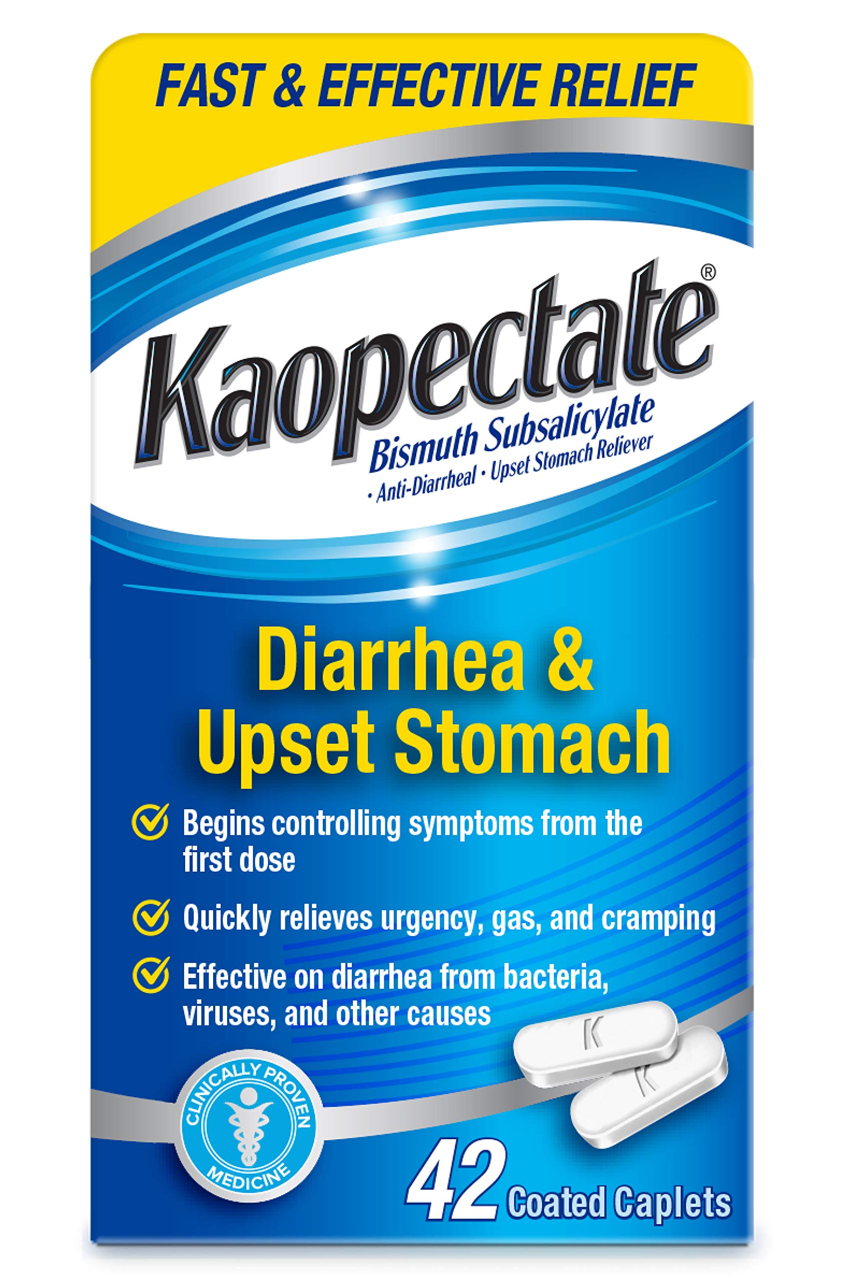 Kaopectate multi-symptom caplets packaging for portable relief on the go.