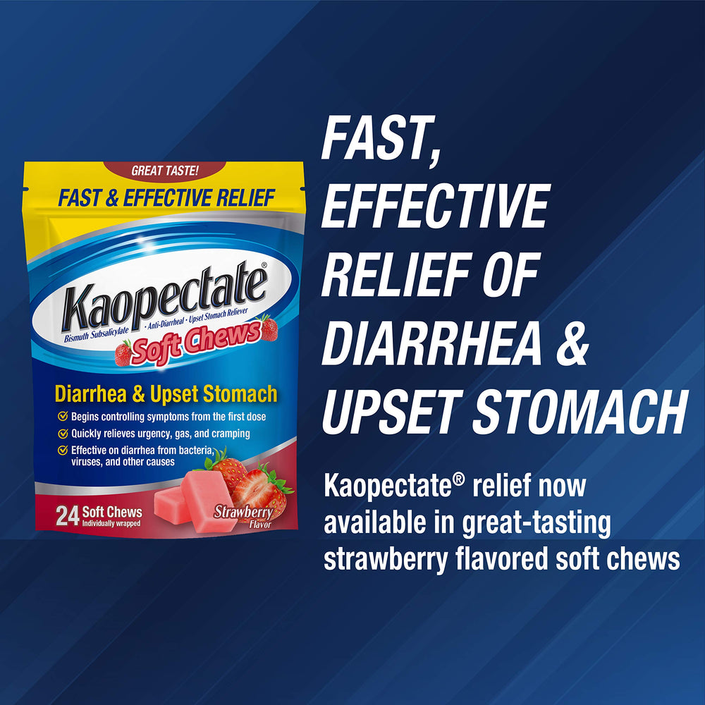 Kaopectate Strawberry Soft Chews bottle close-up highlighting convenient chewable form.