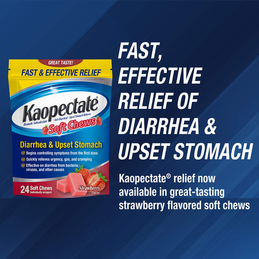 Kaopectate Strawberry Soft Chews bottle close-up highlighting convenient chewable form.