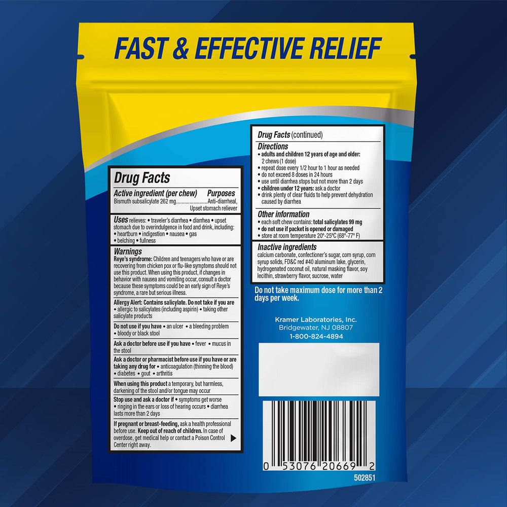 Kaopectate Strawberry Soft Chews near a glass for gentle symptom relief.