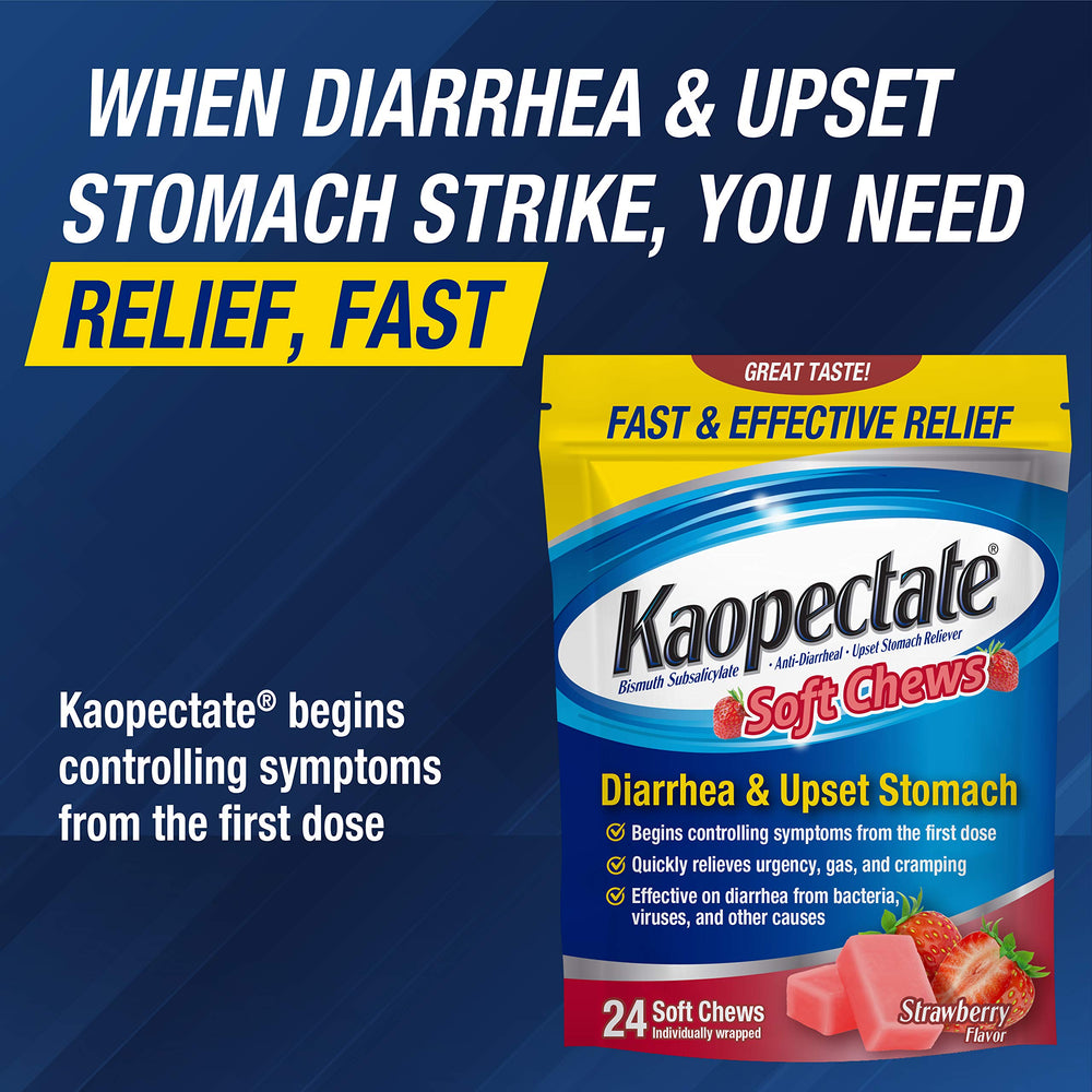 Kaopectate Strawberry Soft Chews held in hand for on-the-go stomach support.